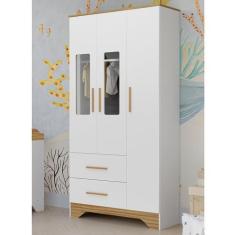 Imagem de Guarda-roupa Infantil 3 Portas com Janelas Retangulares e 2 Gavetas 100% Mdf Liam Branco Brilho/Amêndoa