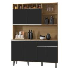 Imagem de Armário Cozinha Compacta 6 Portas Alice 130cm Amendoa Preto Ajl Móveis