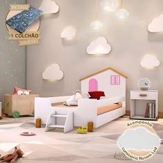 Imagem de Cama Infantil Solteiro Belissima Rosa - Branca E Amêndoa + Luminária Led + Colchão