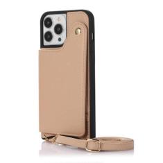 Imagem de Capa carteira com alça de ombro para iPhone 15 Pro Max 14 13 12 11 Pro Max 15 Plus 13 Pro Espelho de couro com compartimentos para cartões e cordão, capa traseira, cáqui, para iPhone 14 Pro