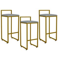 Imagem de Kit 03 Banquetas Altas Para Cozinha Sala De Jantar Hanna L02 Dourado Suede Cinza - Lyam Decor