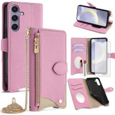 Imagem de Asuwish Capa de telefone para Samsung Galaxy S24 Plus S24+ 5G Capa carteira com protetor de tela de vidro temperado e capa flip espelhada, compartimento para cartão, suporte, alça transversal, célula