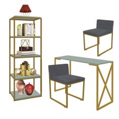 Imagem de Kit Escritório Bex 2 Cadeiras Suede Cinza com 1 Mesa e 1 Livreiro Ferro Dourado MDF Verde Oliva - Ahazzo Móveis