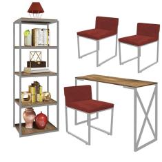 Imagem de Kit Escritório Bex 3 Cadeiras Corino Vermelho com 1 Mesa e 1 Livreiro Ferro Cinza MDF Caramelo - Ahazzo Móveis