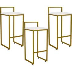 Imagem de Kit 03 Banquetas Alta Para Cozinha Sala De Jantar Hanna L02 Dourado Corano Branco - Lyam Decor