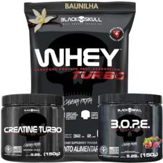 Imagem de Whey Protein Concentrado + Creatina Monohidratada 150g + Pré-Treino B.O.P.E 150g - Kit Black Skull Para Ganho de Massa e Força (Whey Turbo Baunilha - B.O.P.E Frutas Vermelhas)