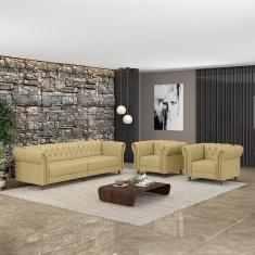 Imagem de Conjunto 1 Sofá Living 240cm E 2 Poltronas Stanford Chesterfield Pés Madeira Couro Bege G58 Gran Belo