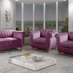 Imagem de Conjunto Realeza Sofá com Poltronas Chesterfield Decoração Roxo