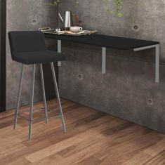Imagem de Kit Mesa Suspensa de Parede Fixa MDF Preto + 1 Banqueta Lexi Ferro Prata Suede Preto - Ahazzo Móveis