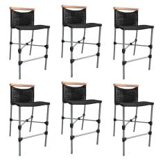 Imagem de Kit 6 Banquetas Em Corda Náutica Base Em Alumínio Cinza Com Detalhe Em Madeira Preta Preto