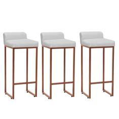 Imagem de Kit 03 Banqueta Alta Mia Com Encosto Cozinha Bistrô Bar Balcão Ferro Bronze Corino Branco - Ahazzo Móveis