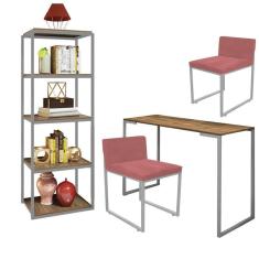 Imagem de Kit Escritório Ravi 2 Cadeiras Suede Rose com 1 Mesa e 1 Livreiro Ferro Cinza MDF Caramelo - Ahazzo Móveis