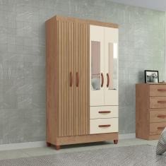 Imagem de Guarda-Roupa Solteiro Fortaleza 4 Portas 2 Gavetas com Espelho Ripado 3d Canelato/Off White - Atualle Móveis