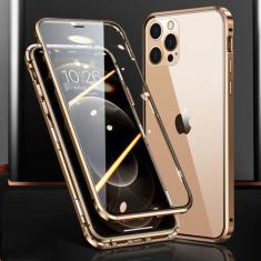 Imagem de Capa de telefone magnética de metal com proteção total 360 ° para iPhone 15 14 13 12 11 Pro Max X XS XR 8 7 Plus Capa de vidro dupla face, dourada, para IPhone12ProMax