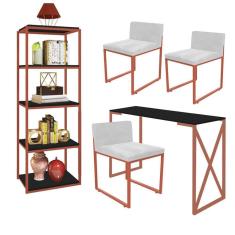 Imagem de Kit Escritório Bex 3 Cadeiras Suede Branco com 1 Mesa e 1 Livreiro Ferro Bronze MDF Preto - Ahazzo Móveis