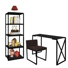 Imagem de Kit Escritório Bex 1 Cadeira Suede Marrom com 1 Mesa e 1 Livreiro Ferro Preto MDF Preto - Ahazzo Móveis