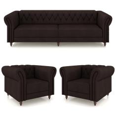 Imagem de Conjunto 1 Sofá Living 260cm E 2 Poltronas Stanford Chesterfield Pés Madeira Couro Marrom G58 Gran Belo