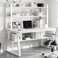 Imagem de Mesa de computador com gaiola e estante, mesa de estudo com economia de espaço e prateleiras de armazenamento abertas, mesa de trabalho moderna simples de madeira com moldura de metal para mesa de