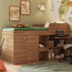 Imagem de Cama Alta Multifuncional Com Armário E Escrivaninha 90 Monterey Nogal