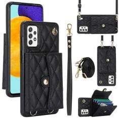 Imagem de Capa carteira para Samsung Galaxy A52 5G com 4 pontos de cartão, capa flip de couro transversal com bloqueio de RFID, capa de telefone com fivela magnética, alça de pulso à prova de choque para