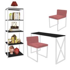 Imagem de Kit Escritório Bex 2 Cadeiras Suede Rose com 1 Mesa e 1 Livreiro Ferro Branco MDF Preto - Ahazzo Móveis
