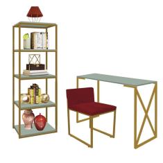 Imagem de Kit Escritório Bex 1 Cadeira Suede Vermelho com 1 Mesa e 1 Livreiro Ferro Dourado MDF Verde Oliva - Ahazzo Móveis