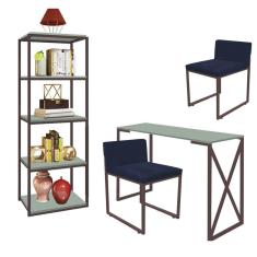 Imagem de Kit Escritório Bex 2 Cadeiras Suede Azul Marinho com 1 Mesa e 1 Livreiro Ferro Marrom MDF Verde Oliva - Ahazzo Móveis