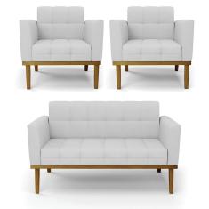 Imagem de Sofá Namoradeira E 2 Poltronas Base Madeira Castanho Elisa Linho D03 - D'rossi Cor A05 Cinza