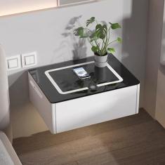 Imagem de Mesa de cabeceira montada na parede para quarto, mesa de cabeceira com estação de carregamento, 1 gaveta, mesa lateral moderna branca LED, mesa de cabeceira adorneve, mesa de cabeceira fina