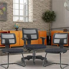 Imagem de Kit Cadeira de Escritório Giratória e 02 Cadeiras Fixas Zip L02 Linho Chumbo - Lyam Decor