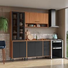 Imagem de Cozinha Modulada Havana 3 Peças com Tampo e Cristaleira 08 Portas e 2 Gavetas Rovere/Grafite