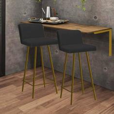 Imagem de Kit Mesa Suspensa de Parede Fixa MDF Rústico + 2 Banquetas Lexi Ferro Dourado Corino Preto - Ahazzo Móveis