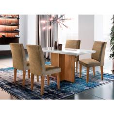 Imagem de Conjunto de Mesa de Jantar Berlim I com Tampo de Vidro Off White e  4 Cadeiras Grécia Suede Chocolate