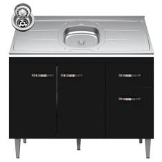 Imagem de Balcão Gabinete Com Pia Inox 120cm 3 Portas E 1 Gaveta Gabriela Preto