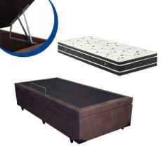 Imagem de Cama Box Baú Solteiro Colchão Espuma D45 Bordado + Box Suede Marrom 61x88x188