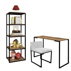 Imagem de Kit Escritório Ravi 1 Cadeira Suede Branco com 1 Mesa e 1 Livreiro Ferro Preto MDF Carvalho - Ahazzo Móveis