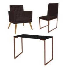 Imagem de Kit Escritório Stan Poltrona Maria com Cadeira e Mesa Industrial Preto Bronze Tecido Sintético Marrom - Ahz Móveis
