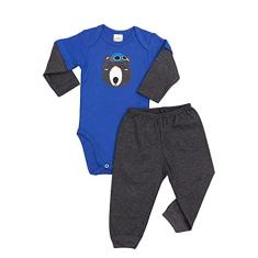Imagem de Conjunto body e calça Best Club Baby azul e grafite com bordado urso