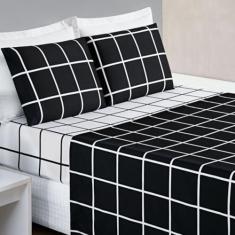 Imagem de Jogo De Cama Queen Dupla Face Grid Micro Percal 200 Fios Austin 4 Pçs Preto