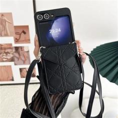 Imagem de Capa de telefone com cordão crossbody para Samsung Galaxy Z Flip 5 4 3 Flip5 Flip4 Flip3 Carteira de couro com suporte para cartão Capa à prova de choque, preta, para Galaxy Z Flip4