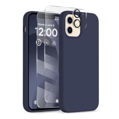 Imagem de COFFKER Capa para iPhone 12 e iPhone 12 Pro, [protetor de lente da câmera + protetor de tela], forro de microfibra macia de silicone à prova de choque, capa fina para celular de 6,1 polegadas, azul