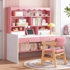 Imagem de Mesa de computador com estante de armazenamento, mesa de escritório de madeira com gavetas/prateleiras de armazenamento, mesa de computador para casa, escritório, mesa de estudo, mesa de jog