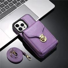 Imagem de Capa de telefone tipo carteira de couro com cordão crossbody para iPhone 15 14 Pro Max 13 12 11 XS XR X SE 2022 8 7 Plus Flip Stand Cover, roxa, para iPhone 13
