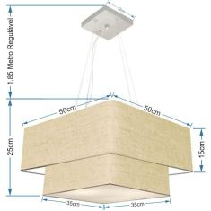 Imagem de Lustre Pendente Duplo Quadrado Vivare Md-4066 Cúpula Em Tecido 50X35cm Rustico Bege - Bivolt