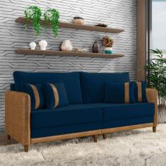 Imagem de Sofá Living Montecarlo 3 Lugares Bipartido 252cm Pés em Madeira Veludo/PU Azul/Caramelo G33 - Gran Belo