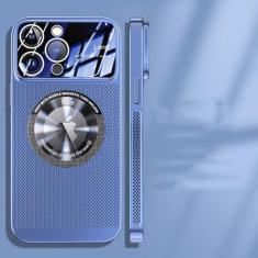 Imagem de Capa magnética de dissipação de calor para iPhone 13 11 12 14 15 Pro Max Lente de vidro de malha galvanizada Ampliar logotipo Capa de telefone, azul claro, para iPhone 14 Plus