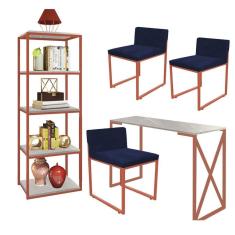 Imagem de Kit Escritório Bex 3 Cadeiras Suede Azul Marinho com 1 Mesa e 1 Livreiro Ferro Bronze MDF Marmorizado Cinza - Ahazzo Móveis
