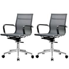 Imagem de Kit 2 Cadeiras Giratória Office Sydney Diretor Fratini Tela Preta Base Aço Cromado