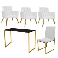 Imagem de Kit Escritório Stan 3 Poltronas Capitonê com Cadeira e Mesa Industrial Preto Dourado Corino Branco - Ahz Móveis