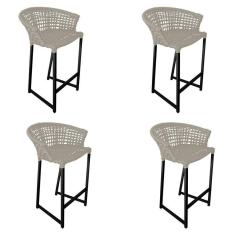 Imagem de Kit 4 Banquetas Reis Em Corda Náutica E Base Em Alumínio Preta Para área Gourmet Externa Areia Bege